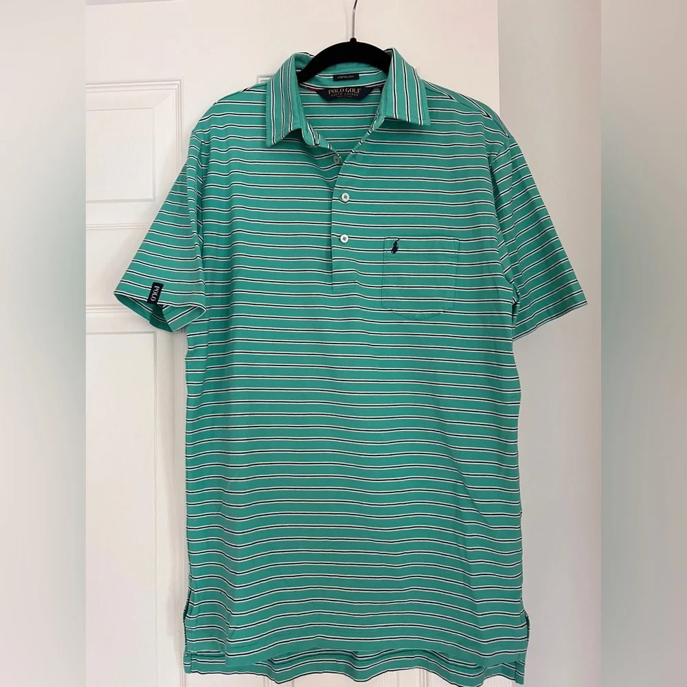 Ralph Lauren Polo Golf shirt Green blue striped Stretch Lisle Short sleeve men S